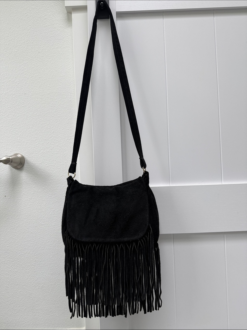 Vintage 1970’s Mid Western Black Suede Crossbody Fringe Bag